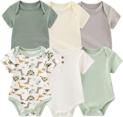 Baby Bodysuit 6 Pack Soft Mixed Ribbed Short Sleeve Romper Infant Boy Girl Clothes Set