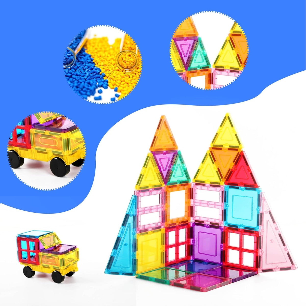 PicassoTiles Magnet Tile Building Blocks with Car Base Drawstring Storage Travel Bag Carry Case