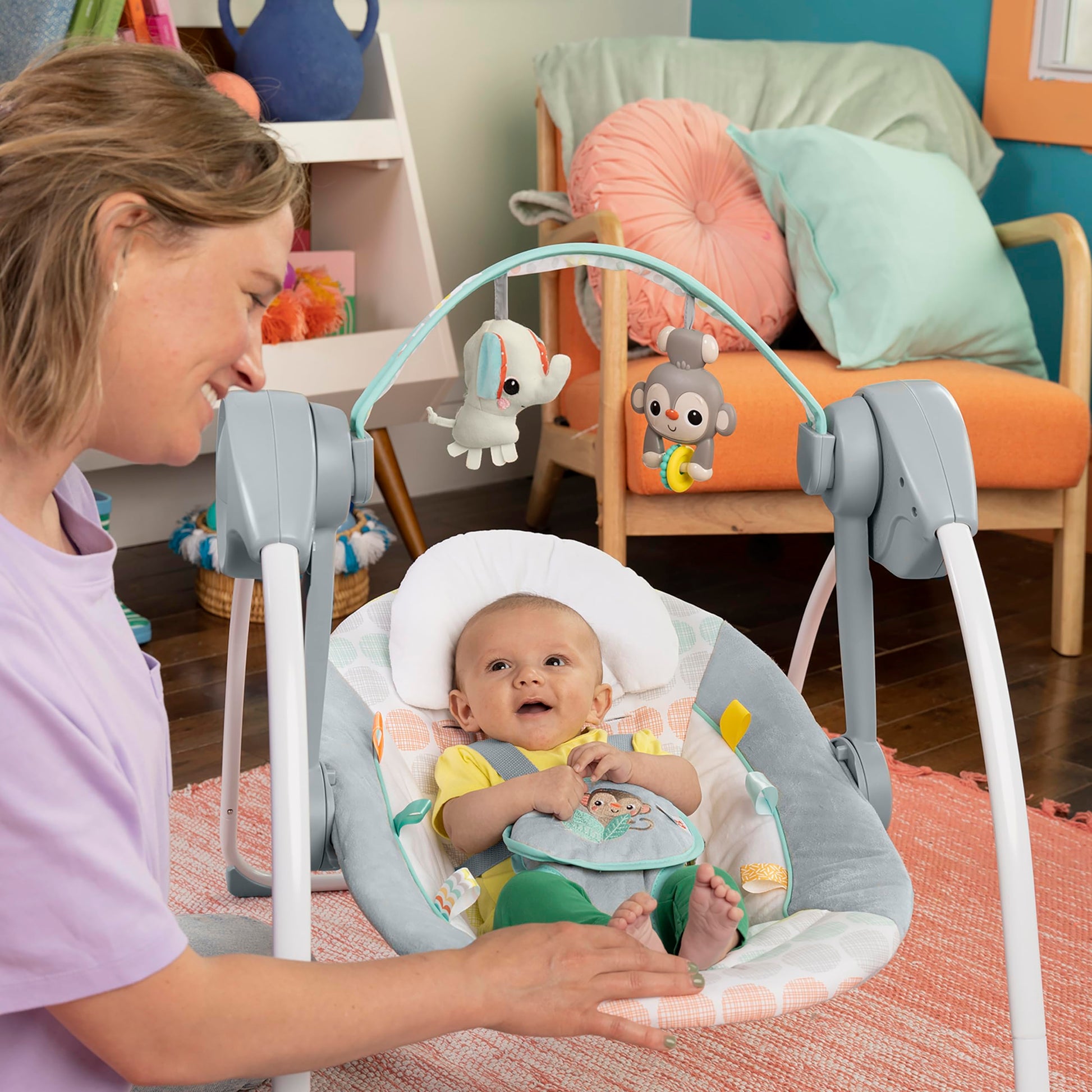 Bright Starts Portable Automatic 6-Speed Baby Swing with Adaptable Speed, Taggies, Music