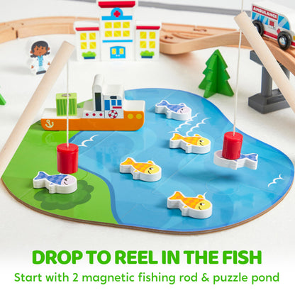 110PCS Wooden Train Set - Toy Magnetic Trains with Wooden Track Set for Kids Ages 3-8, City Scene