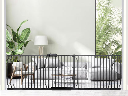 Heavy Duty Baby & Dog Safety Gate 86-104.7 Inch, Black Metal, Pressure Mounted No Drilling Pet Gate