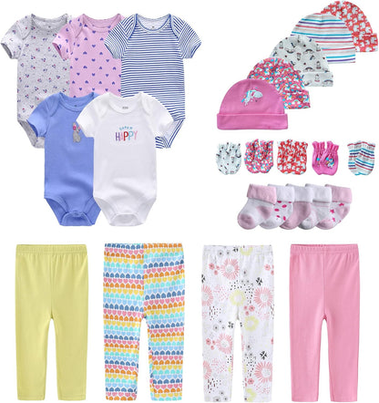 Newborn Layette Gift Set Bodysuits Pants for Baby Girl and Boy 24 Piece 100% Cotton Essentials and