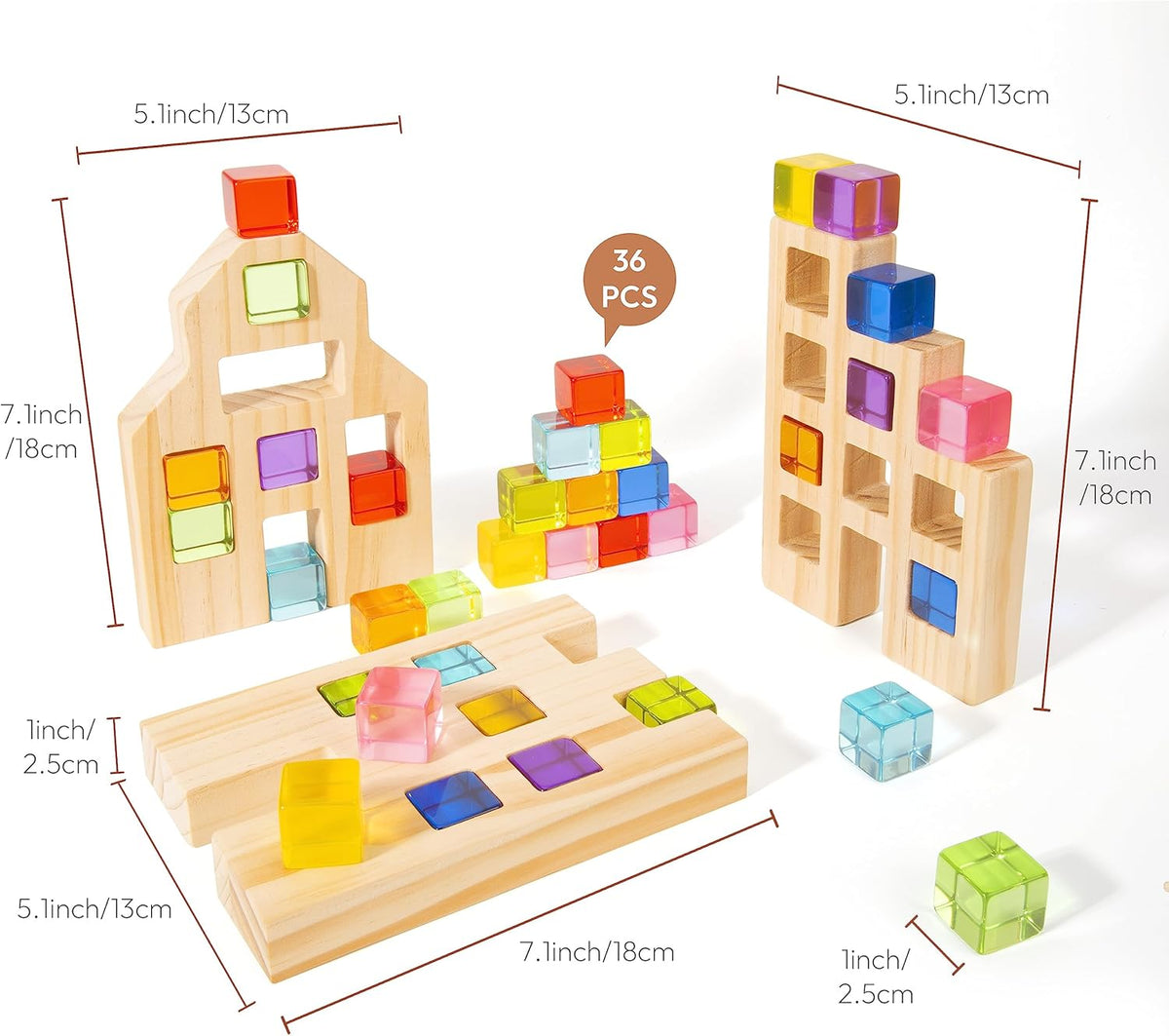 Wooden Building Blocks Set for Kids, 36 PCS Rainbow Acrylic Gem Cubes Blocks - 3 Wood House
