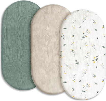 Gllquen Baby Muslin Bassinet Sheets 3 Pack, Breathable Elastic Cozy Fitted Cotton Bassinet Mattress