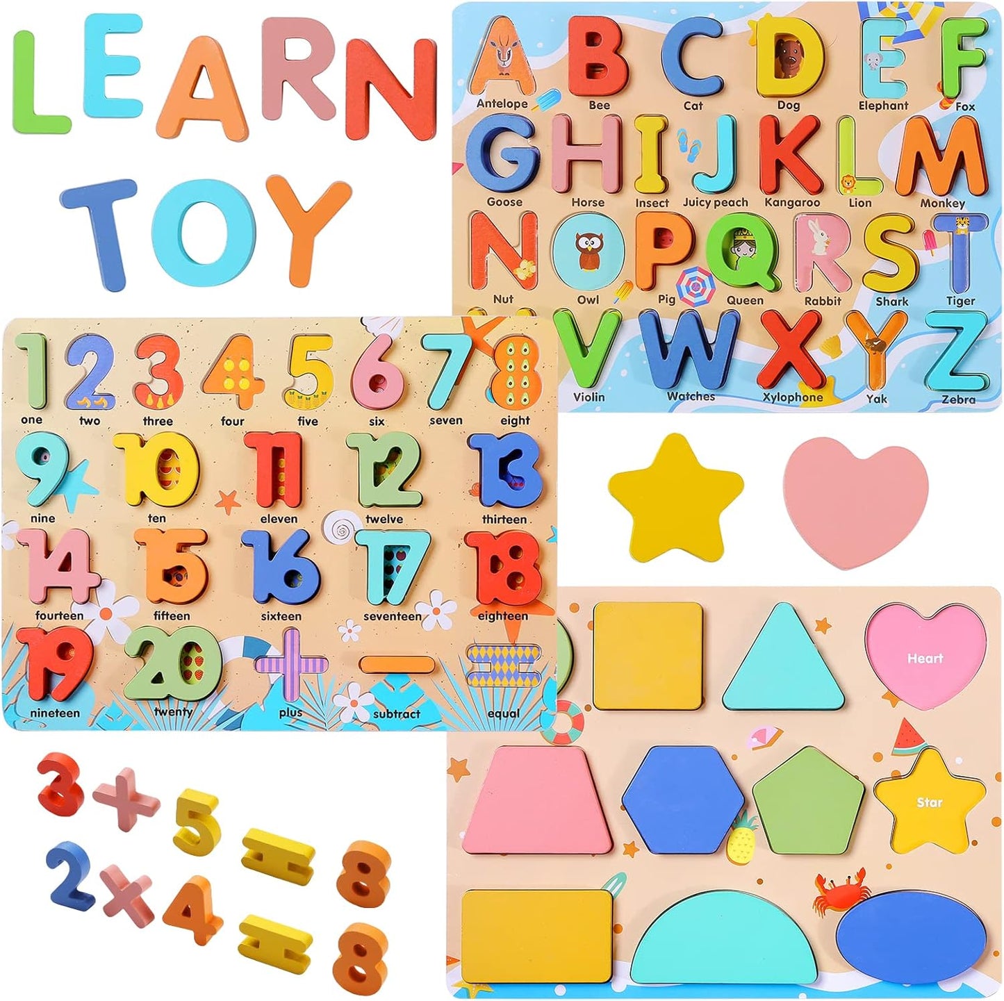 Wooden Puzzles for Toddlers, Voamuw Alphabet Number Shape Learning Education Preschool Toys for
