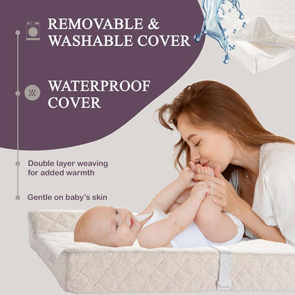 Organic Cotton Contoured Baby Changing Pad w/Waterproof Foam Mattress, Includes Soft, Removable &