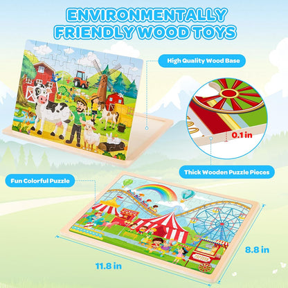 6 Packs Wooden Puzzles for Kids Ages 4-6, 60 Piece Wood Dinosaur Animals Jigsaw Puzzles for