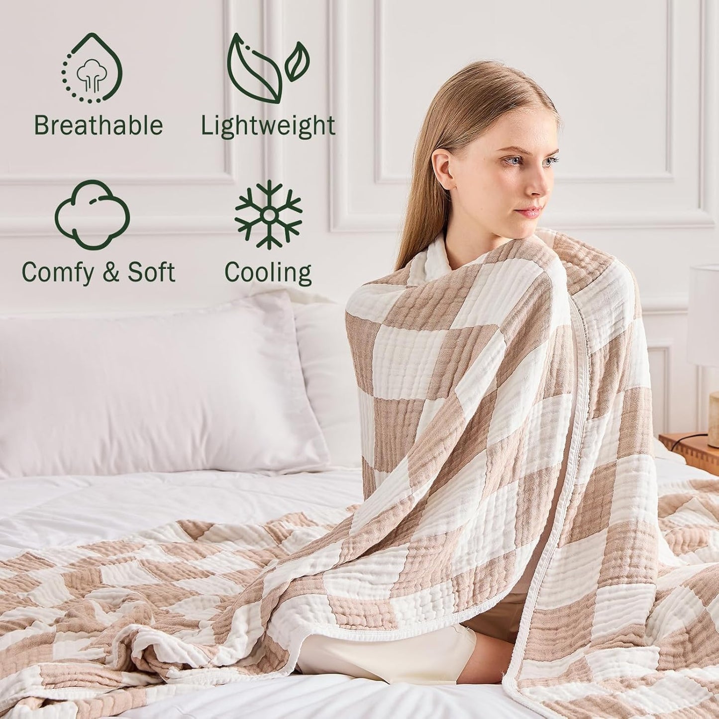 EMME Checkered Cotton Blanket Queen Size for Bed Soft Large Muslin Bed Blankets 80"x90" Lightweight