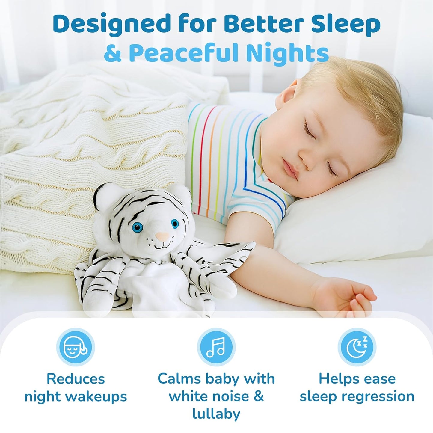Love By Emi Baby Music Lovey White Tiger, Baby Sleep Soother for Crib & Cuddle Bedtime, White Noise