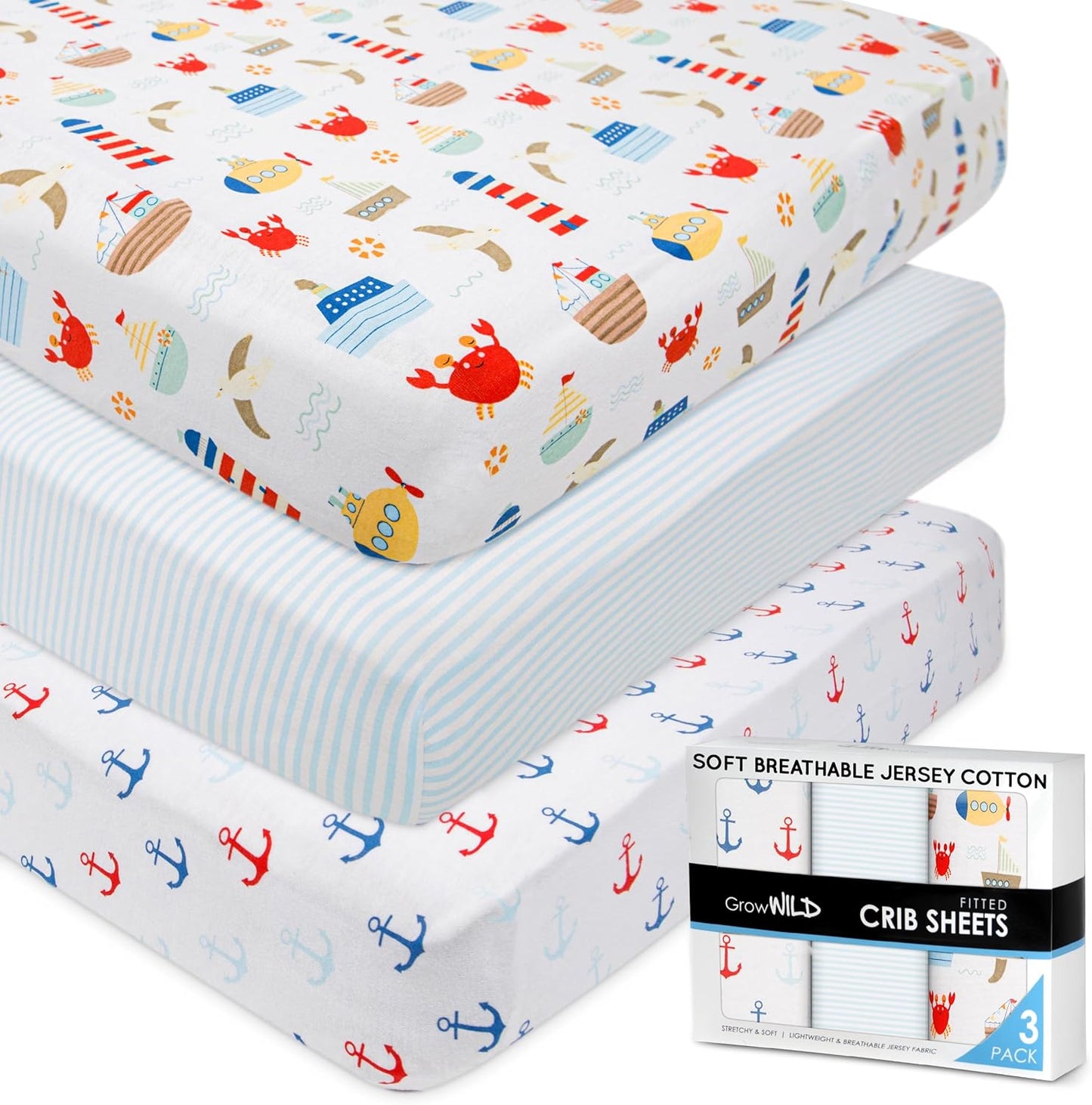 GROW WILD Nautical & Ships Baby Crib Sheets for Boys (3 Pack) - Jersey Knit Fitted Sheet (52" x