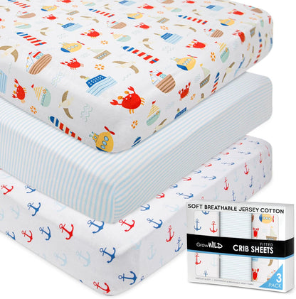 GROW WILD Nautical & Ships Baby Crib Sheets for Boys (3 Pack) - Jersey Knit Fitted Sheet (52" x