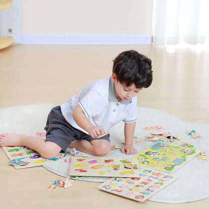 GRINNNIE Wooden Peg Puzzle for Toddlers 3 4 5 Years Old, 4 PCS Montessori Educational Learning
