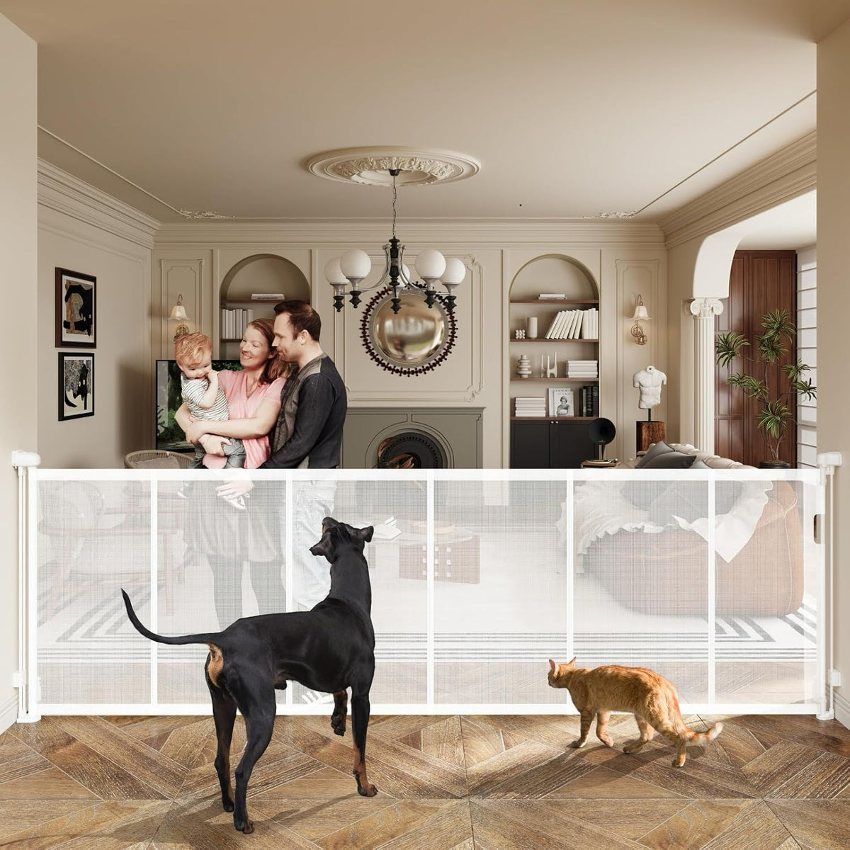 150" Extra Wide Retractable Baby Gates Dog Gate for Large Opening, 41" Extra Tall Mesh Pet Gate