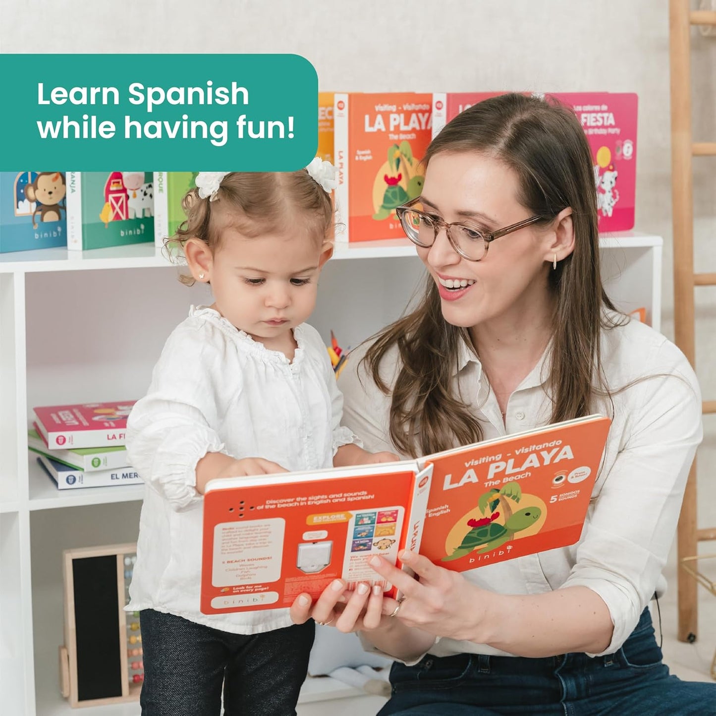 Binibi Spanish Books for Babies & Toddlers 1-3 The Beach Interactive Bilingual Sound Book with Fun
