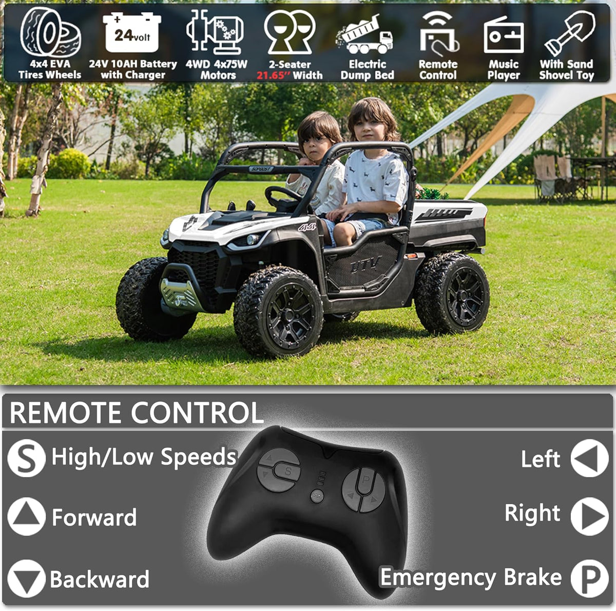 sopbost 24V 10Ah 2 Seater Ride On Car with Remote Control Battery Powered Ride On Toy Electric Kids