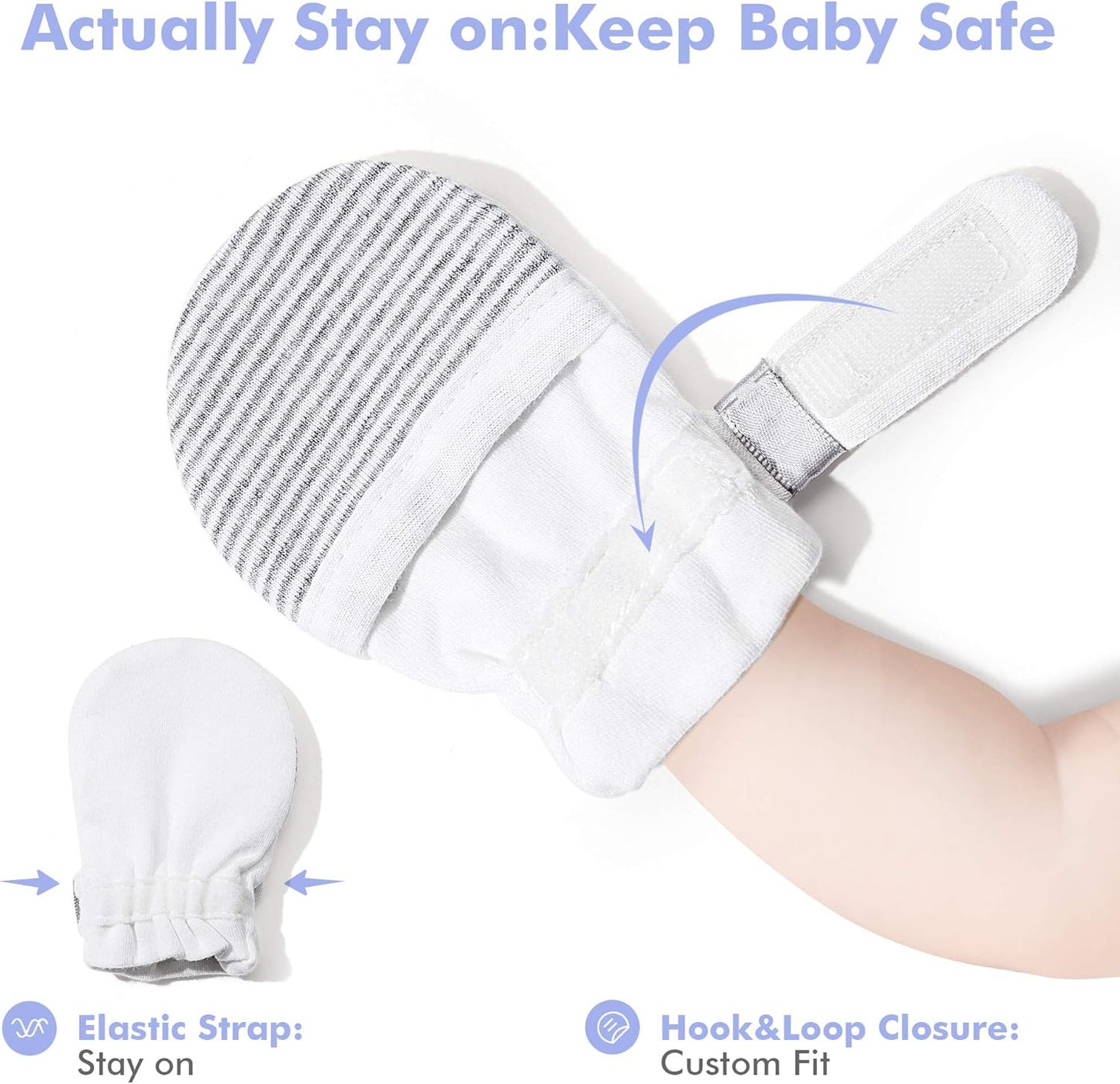 HAPIU Baby No Scratch Mittens Stay On, 100% Cotton Breathable, Adjustable Infant Gloves for Boys