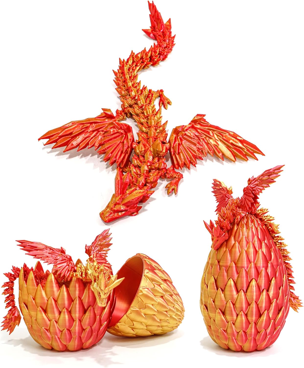 3D Printed Flying Dragon in Egg - Red Mix Gold - Surprise Egg with Flexible Winged Dragon Inside
