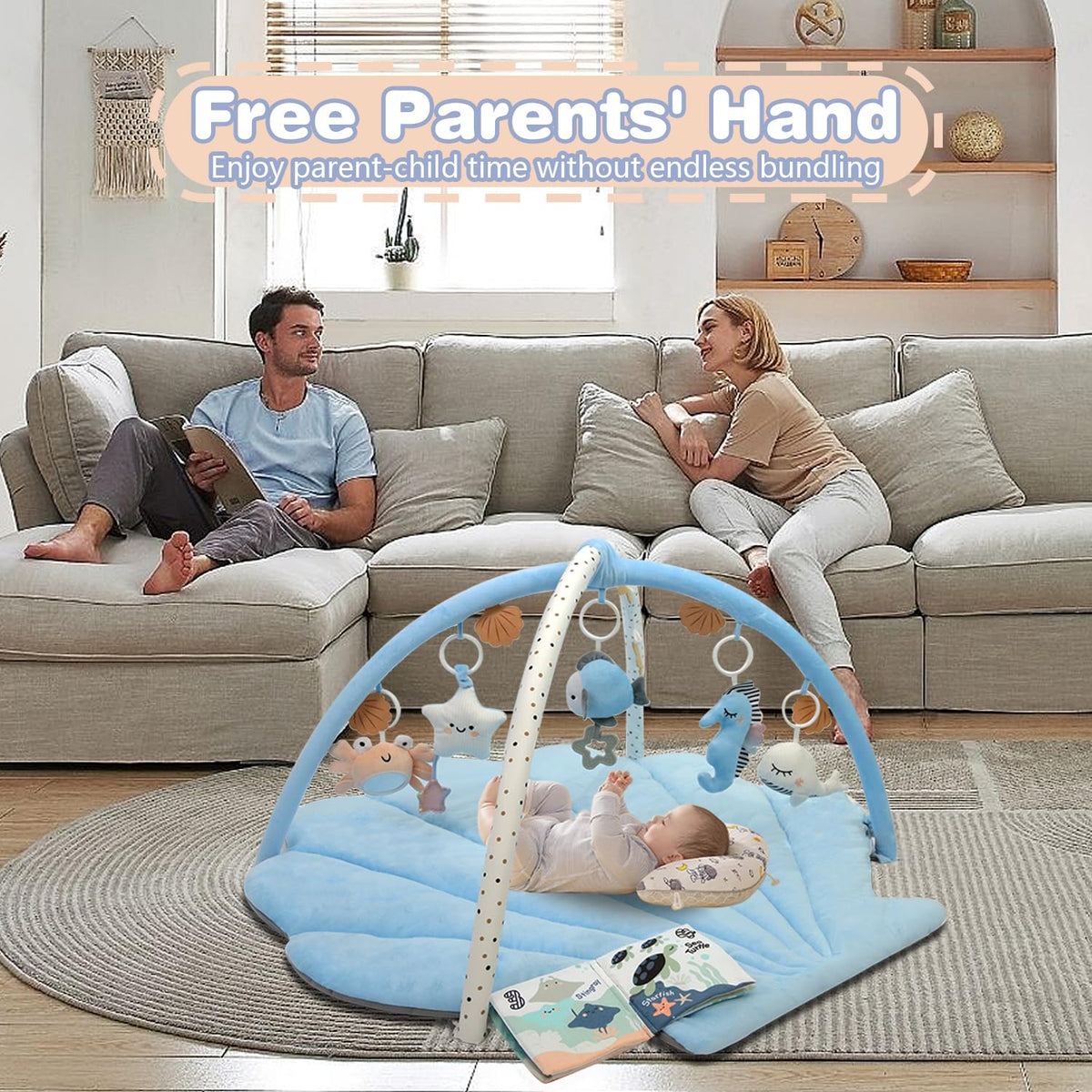 Baby Play Gym Mat, Oversize Tummy Time Activity Mat for Babies 0-6 Months, Shells Shaped Baby Play