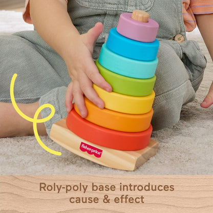 Fisher-Price Wood Toddler Toy Rock-a-Stack, 8-Piece Wooden Ring Stacking Activity for Fine Motor