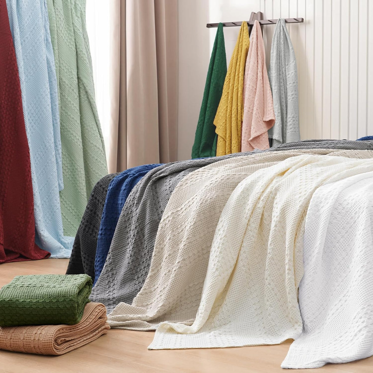 PHF 100% Cotton Waffle Weave Blanket King Size, Soft Lightweight Breathable Cozy Summer Blankets