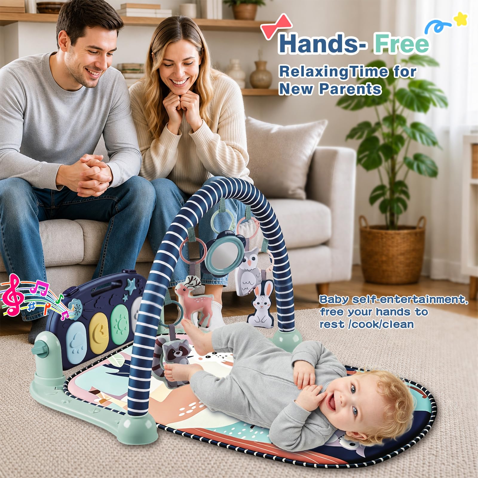 Joryuek Baby Play Mat, Tummy Time Mat with Piano Music and Lights, Baby Activity Play Gym with