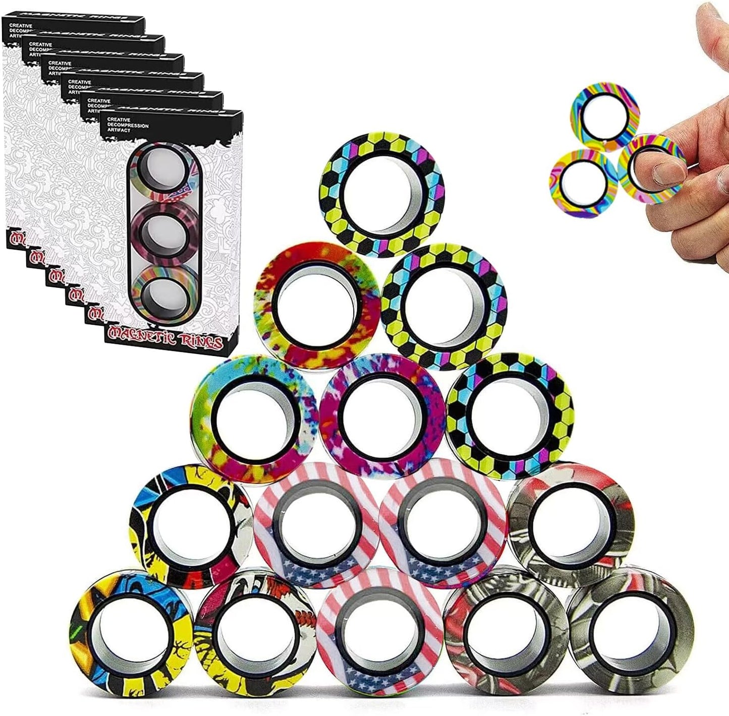 18Pcs Magnetic Rings Fidget Toys Spinner Set,Finger Magnet Rings Endless Hours of Fun ADHD Stress