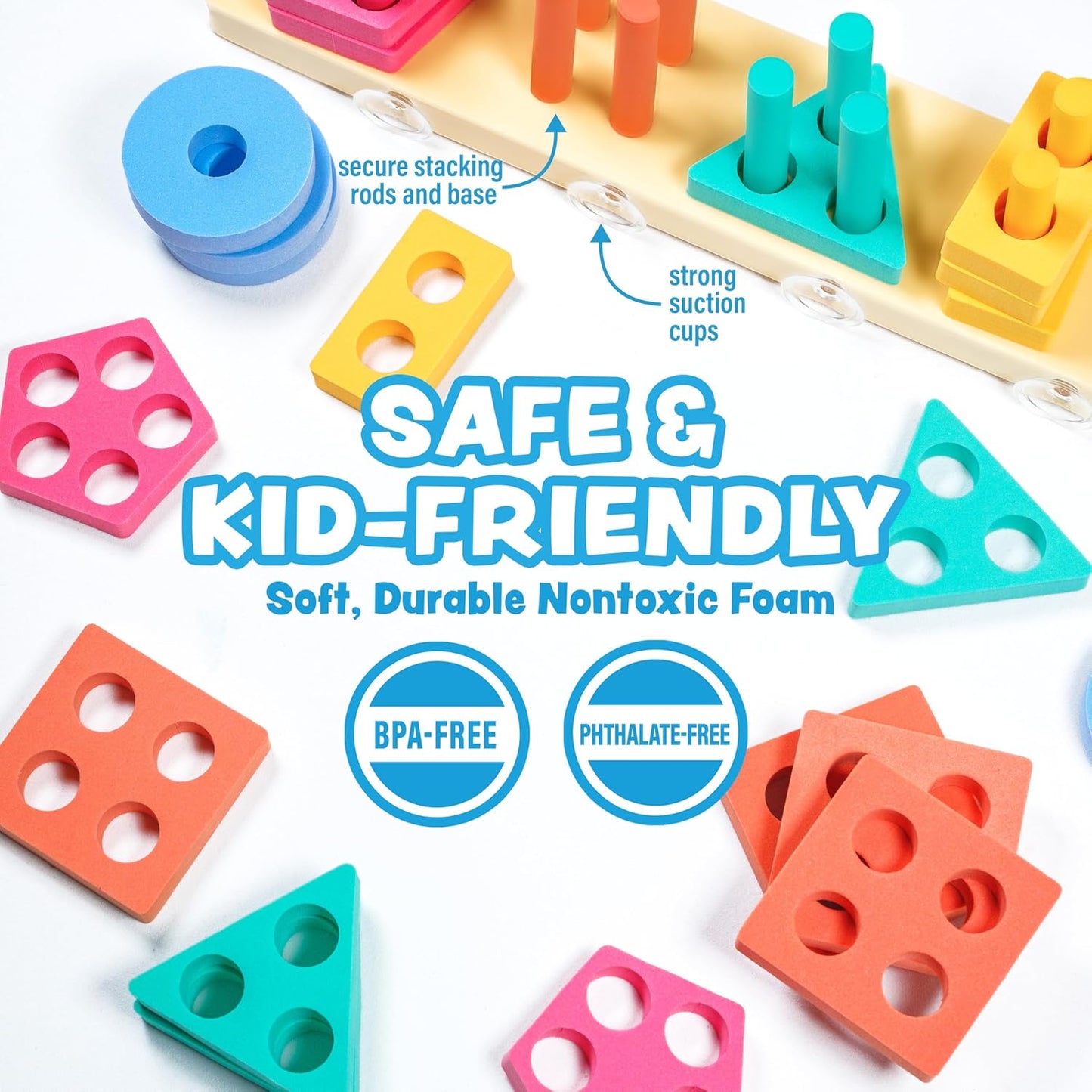 Tub Works® Splash, Stack & Sort™ Shape Sorter & Stacking Toddler Bath Toy | 20 Foam Pieces | Color