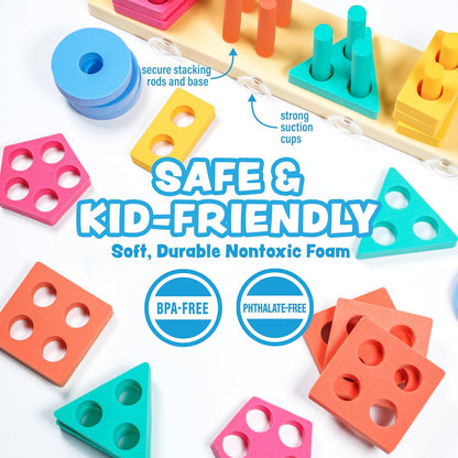 Tub Works® Splash, Stack & Sort™ Shape Sorter & Stacking Toddler Bath Toy | 20 Foam Pieces | Color