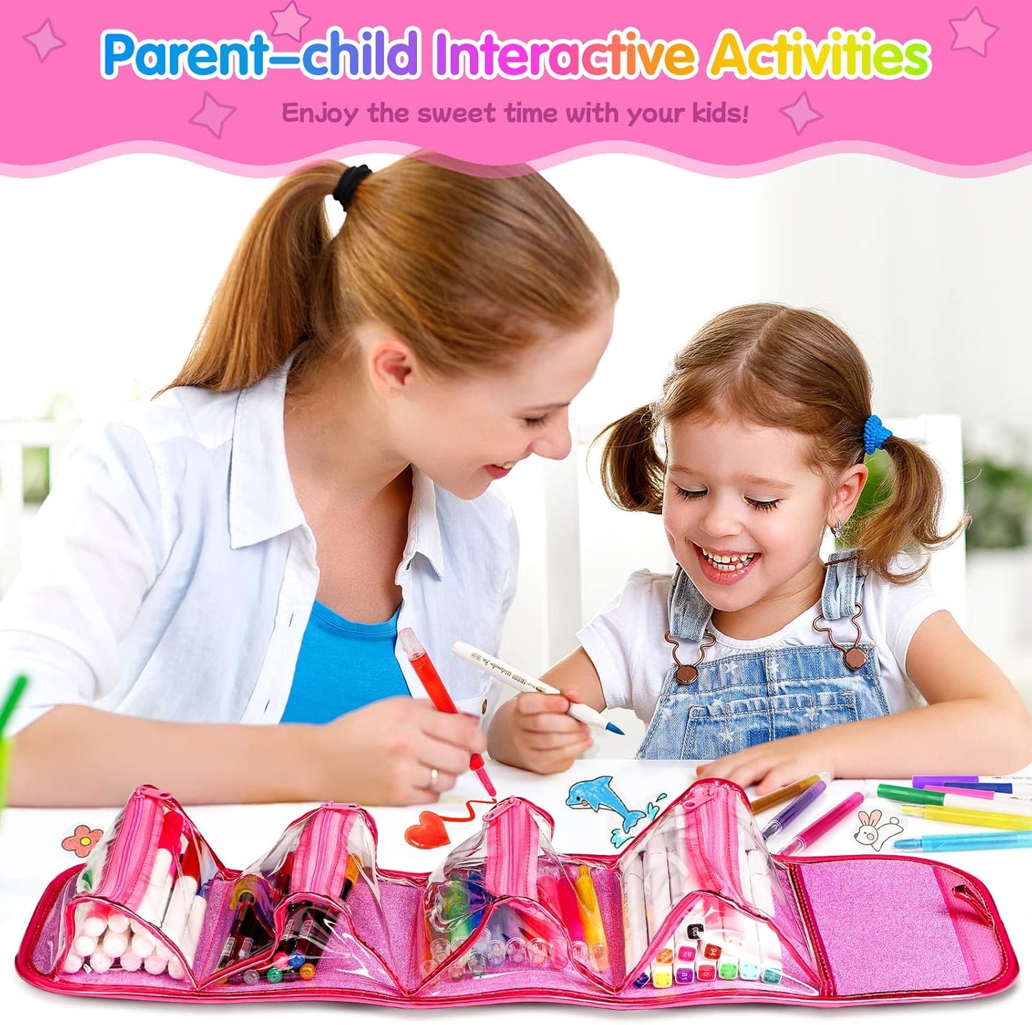 beefunni Unicorn Washable Markers Set 48 pcs with Glitte Pencil Case, Art Supplies for Kids Ages