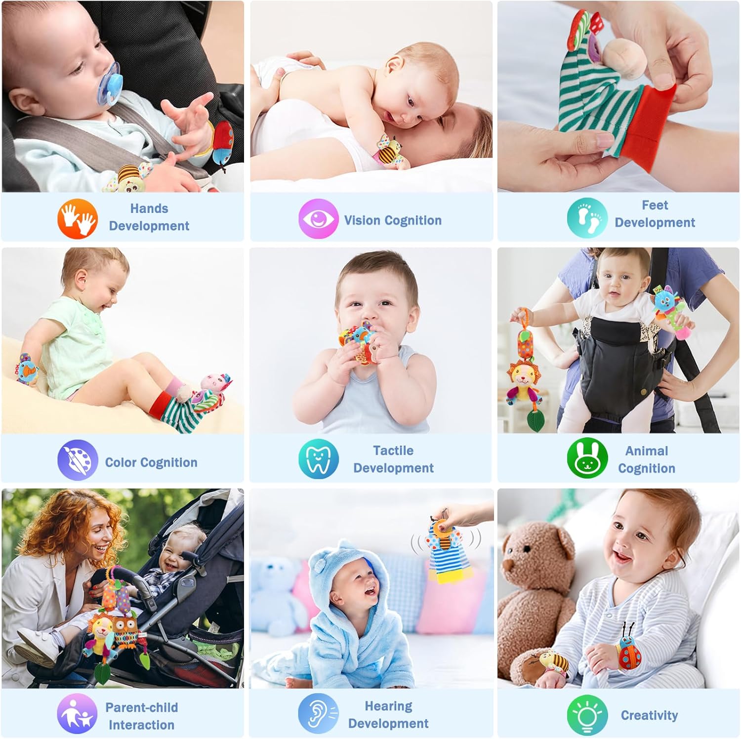BLOOBLOOMAX Baby Soft Hanging and Wrist Rattle Toy, Car Seat Stroller Toys with Plush Animal C-Clip