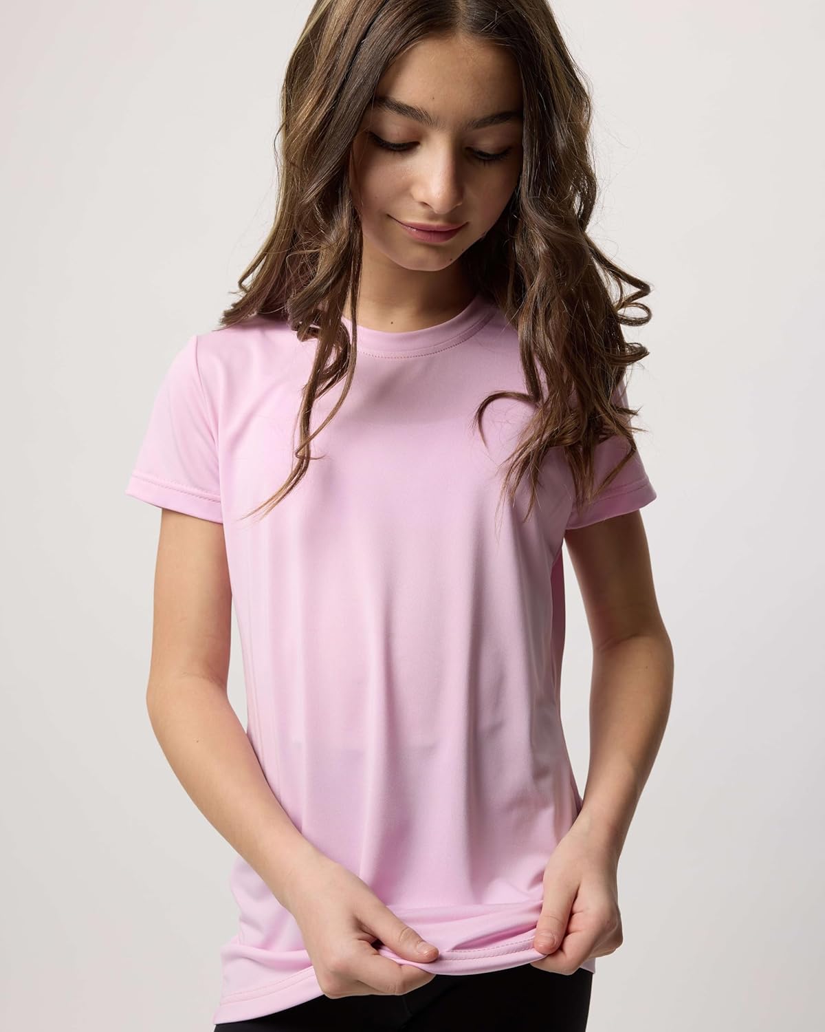 Real Essentials 5 Pack: Girls Short Sleeve Dry-Fit Crew Neck Active Athletic Performance T-Shirt