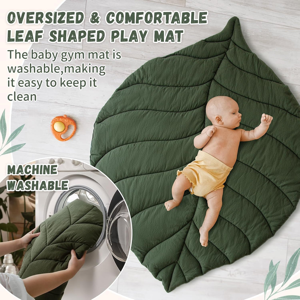 Baby Play Gym with Mat Leaf Shaped, Baby Play Mat with 6 Hanging Toys Tummy Time Mat, Baby Gym