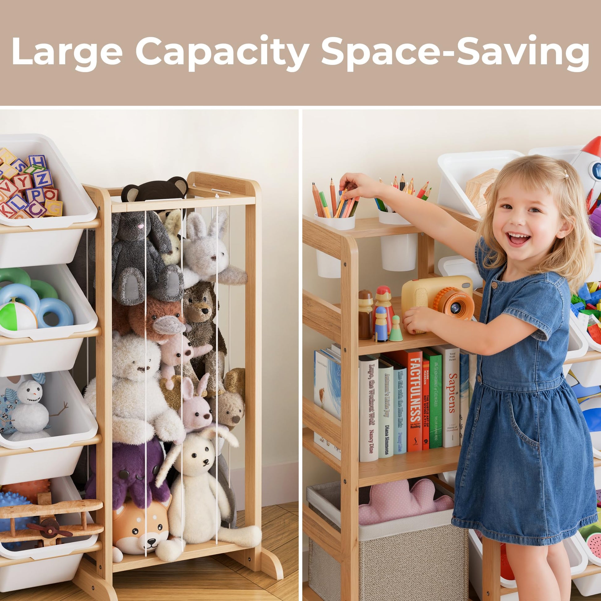 Toy Storage Organizer with Bookshelf and Stuffed Animal Storage - Kids Playroom Organization with