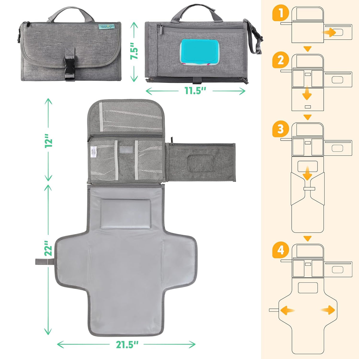 Kopi Baby Portable Diaper Changing Pad - Baby Diaper Changer Travel Bag with Wipes Pocket, Smart