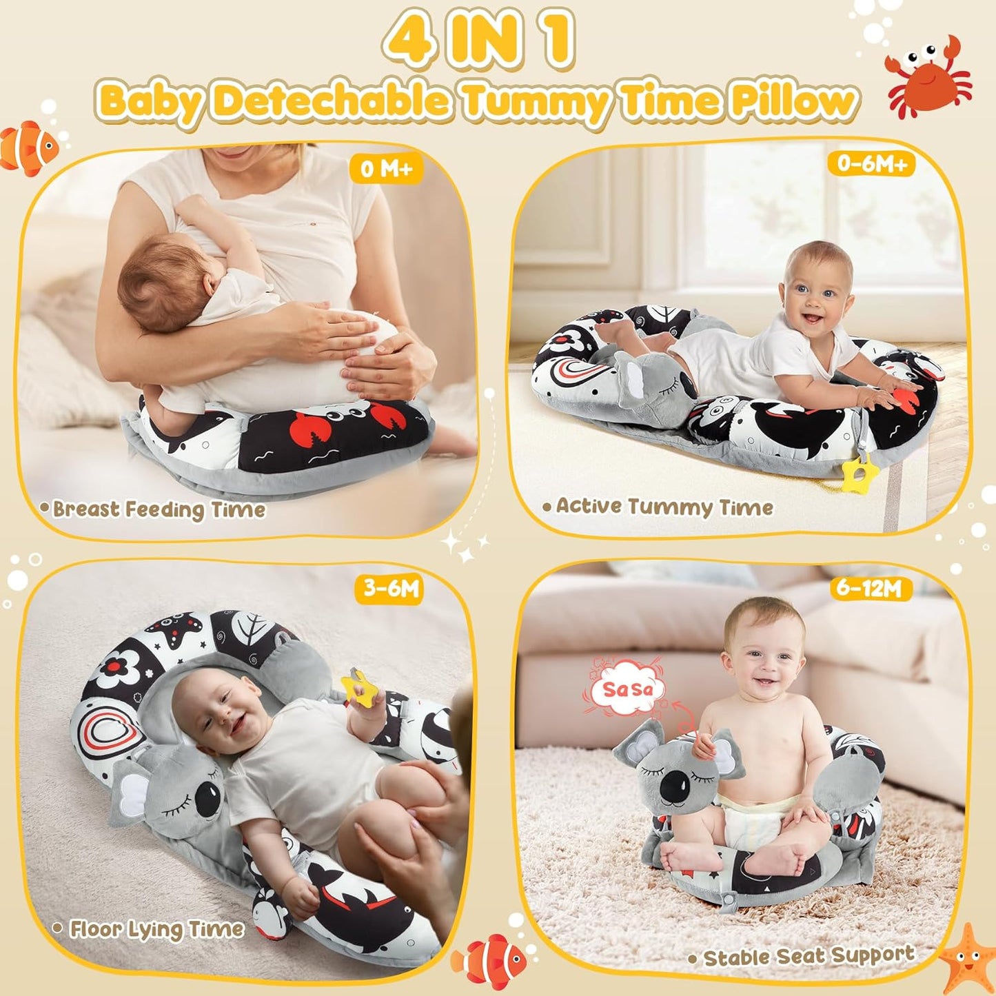 URMYWO Tummy Time Mat - 4 in 1 Cozy Tummy Time & Seated Support Pillow, Tummy Time Pillow for