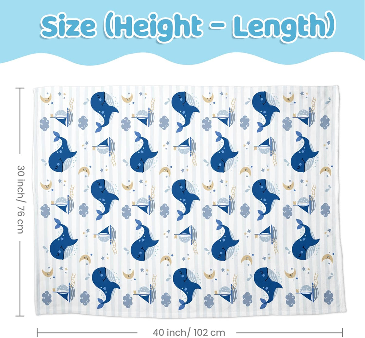 Whale Kid Blanket for Boys or Girl 30x40 - Soft Kids Throw Minky Blankets with Dotted Backing