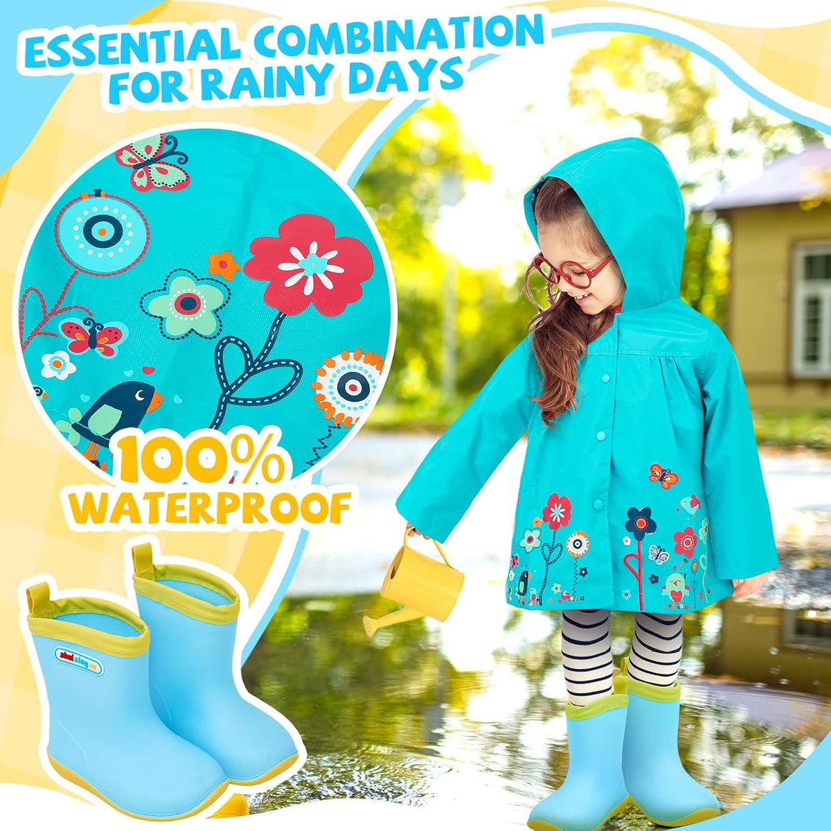 2 Pcs Toddler Raincoat Rain Boots Set Kids Baby Cartoon Hoodie Zipper Jacket Short Rain Shoes for