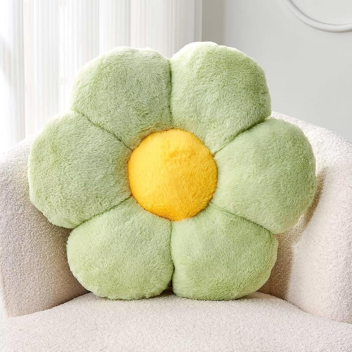 Green Flower Shaped Throw Pillow with Faux Rabbit Fur, 14.9" Soft Plush Throw Pillow for Bedroom