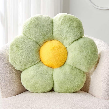 Green Flower Shaped Throw Pillow with Faux Rabbit Fur, 14.9" Soft Plush Throw Pillow for Bedroom
