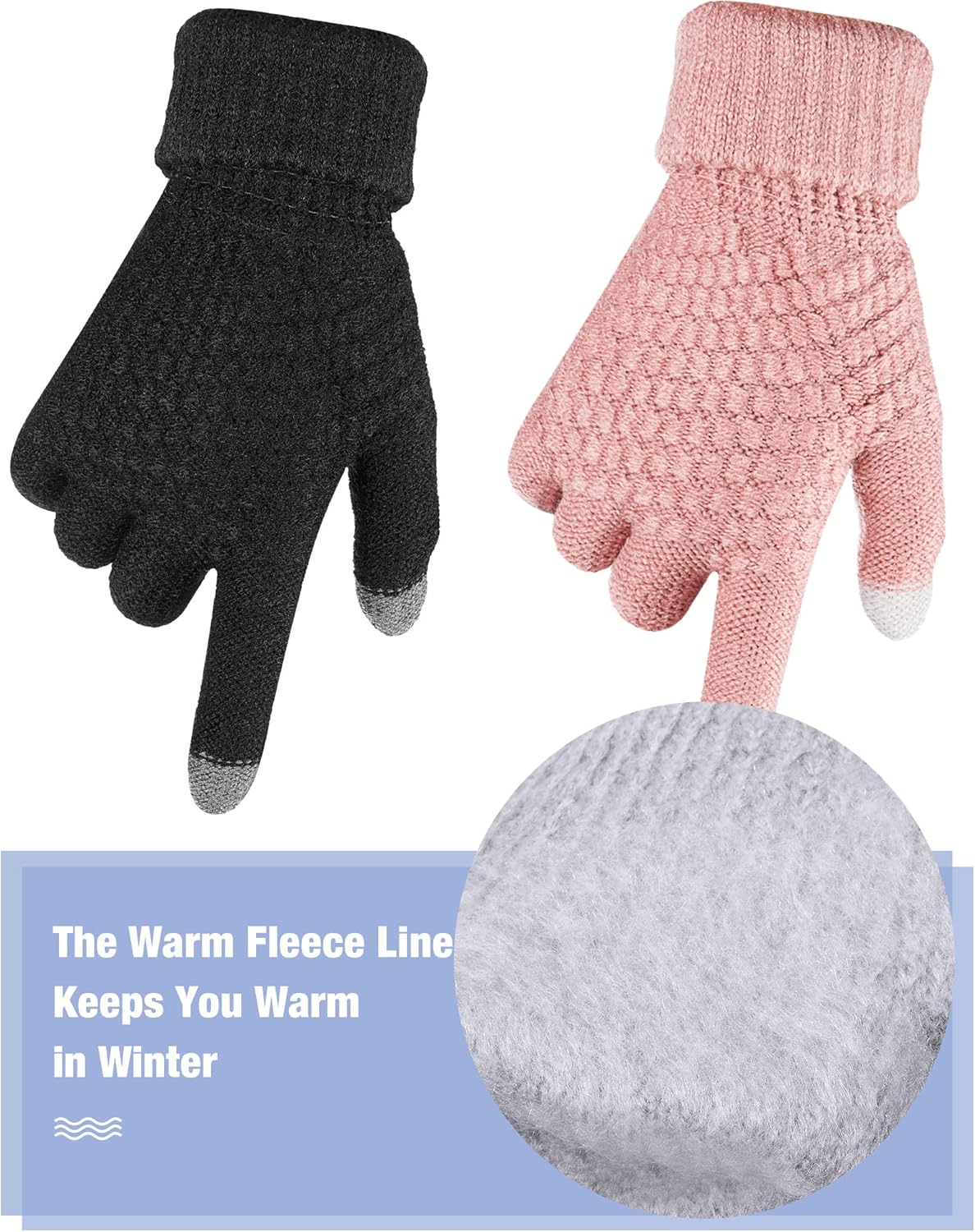 Geyoga 2 Pairs Women's Winter Touch Screen Gloves Soft Warm Fleece Lined Knit Elastic Cuff Winter