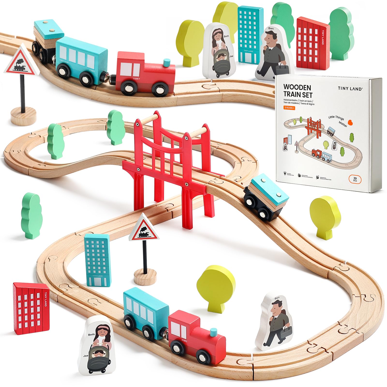 Tiny Land 39 Pcs Wooden Train Set for Toddler with Wooden Tracks