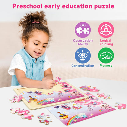 SYNARRY Large Unicorn Mermaid Princess Fairy Wooden Kids Puzzles 4 in 1 Gift Box(12.2 * 9.4 in)