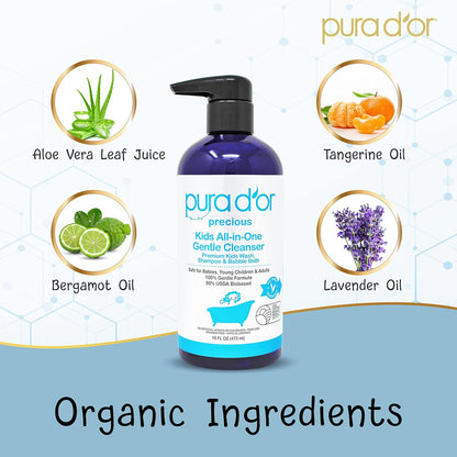 PURA D'OR 16 Oz Kids Wash - All-in-One Gentle Cleanser - USDA Biobased, Sulfate-Free, Tear-Less