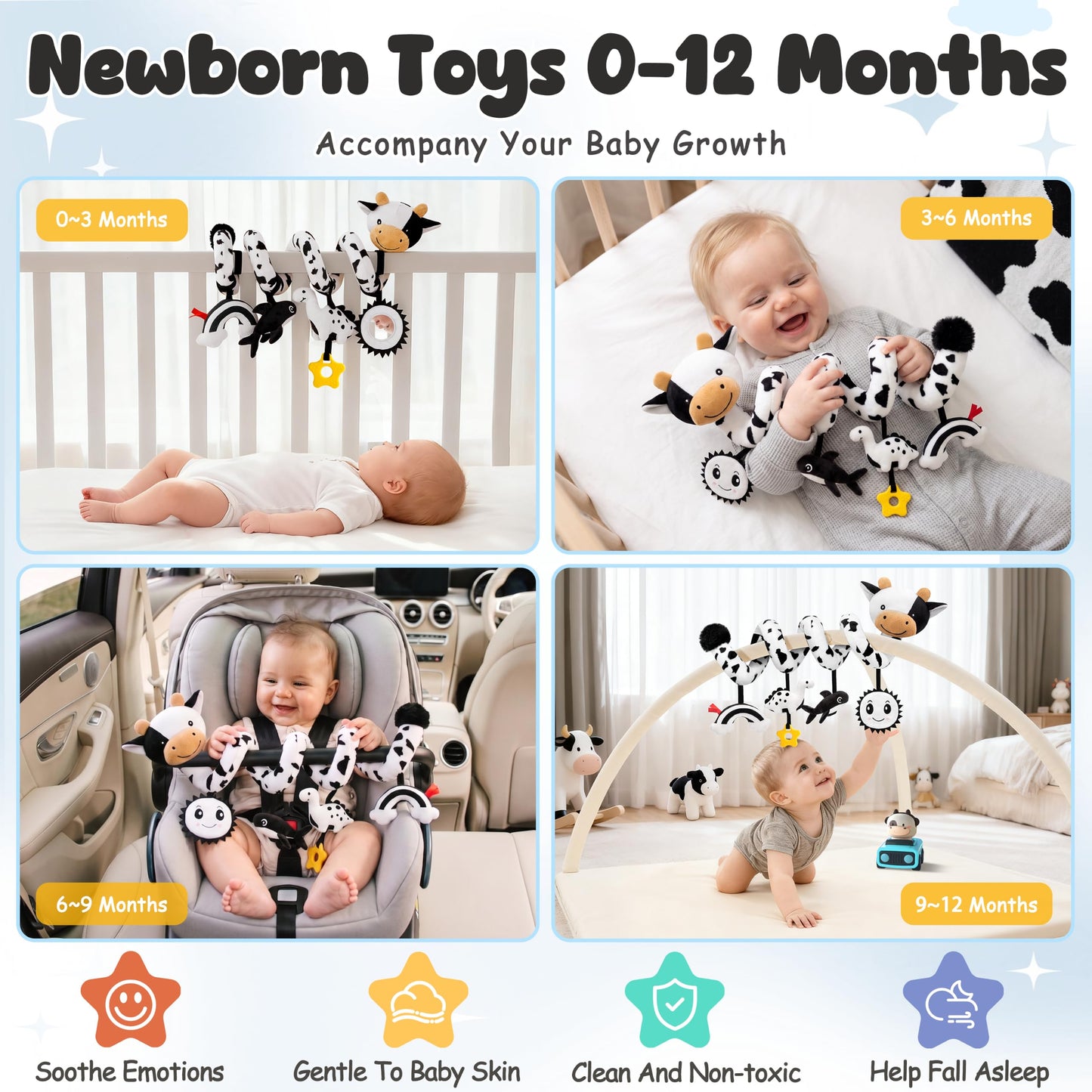 Spiral Car Seat Baby Toys 0-6 Months, Infant Carseat High Contrast Sensory Toys Hanging Stroller