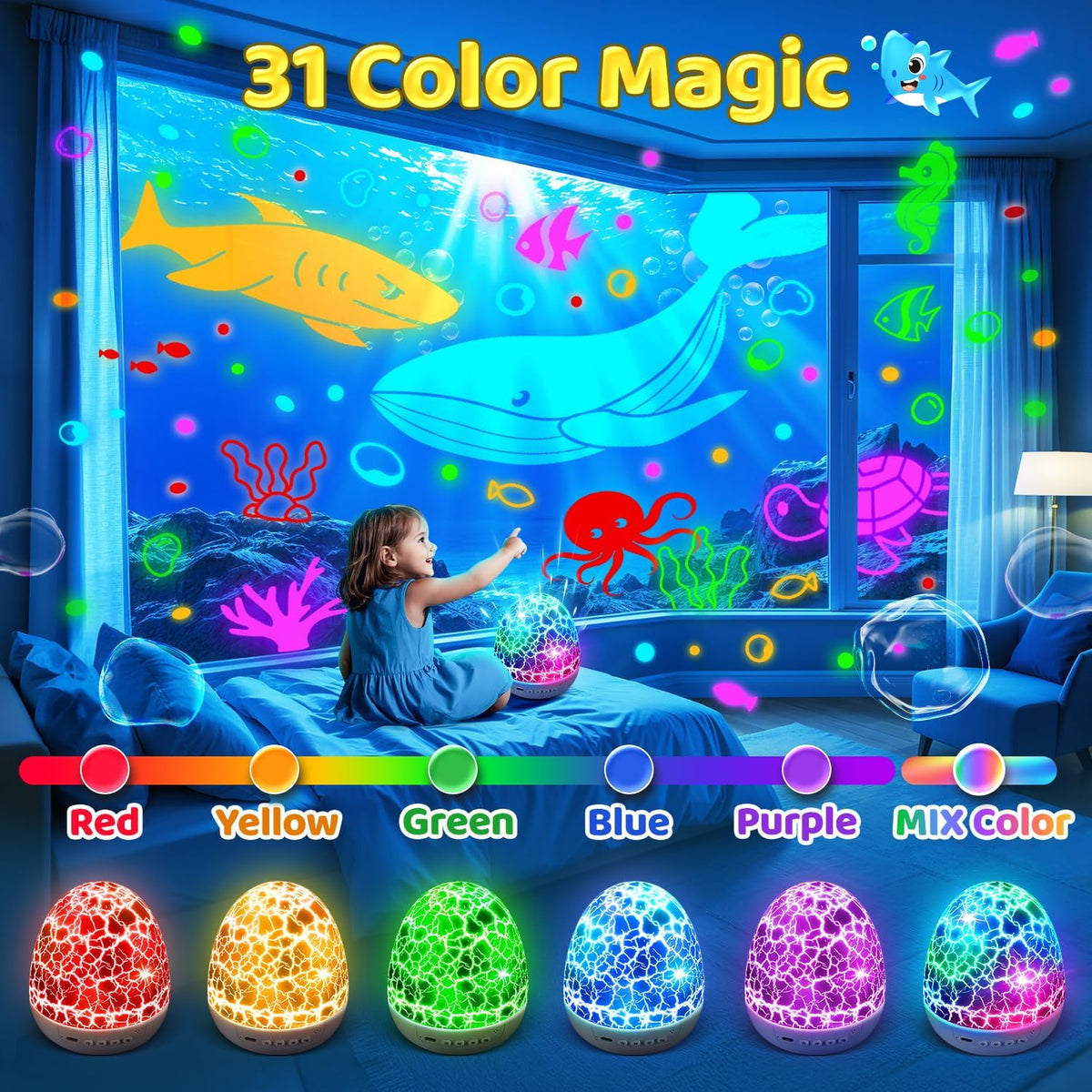 Baby Sound Machine Night Light Projector | 15 Sleeping Sounds & 3D Films | 31Colors & Remote