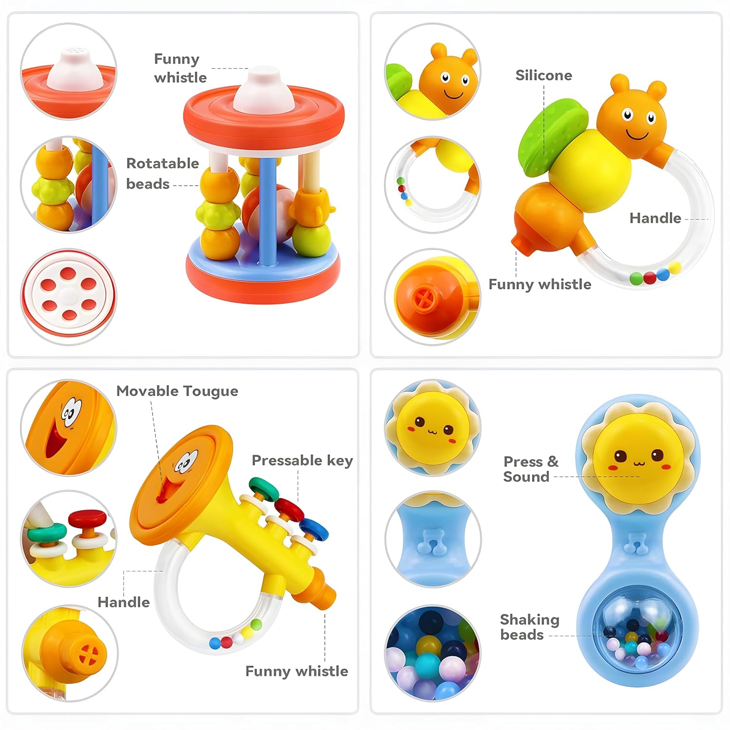MOONTOY 12pcs Baby Rattles for Babies 0-6 Months Teething Toys 3-6 Months, Newborn Infant Teethers