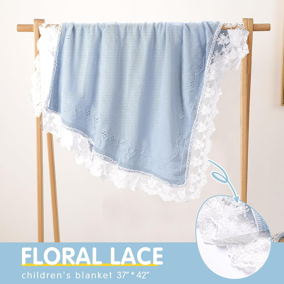 Booulfi Baby Blankets Neutral Knitted Blue Cotton Blue Baby Blanket Stroller Lace Border Crochet