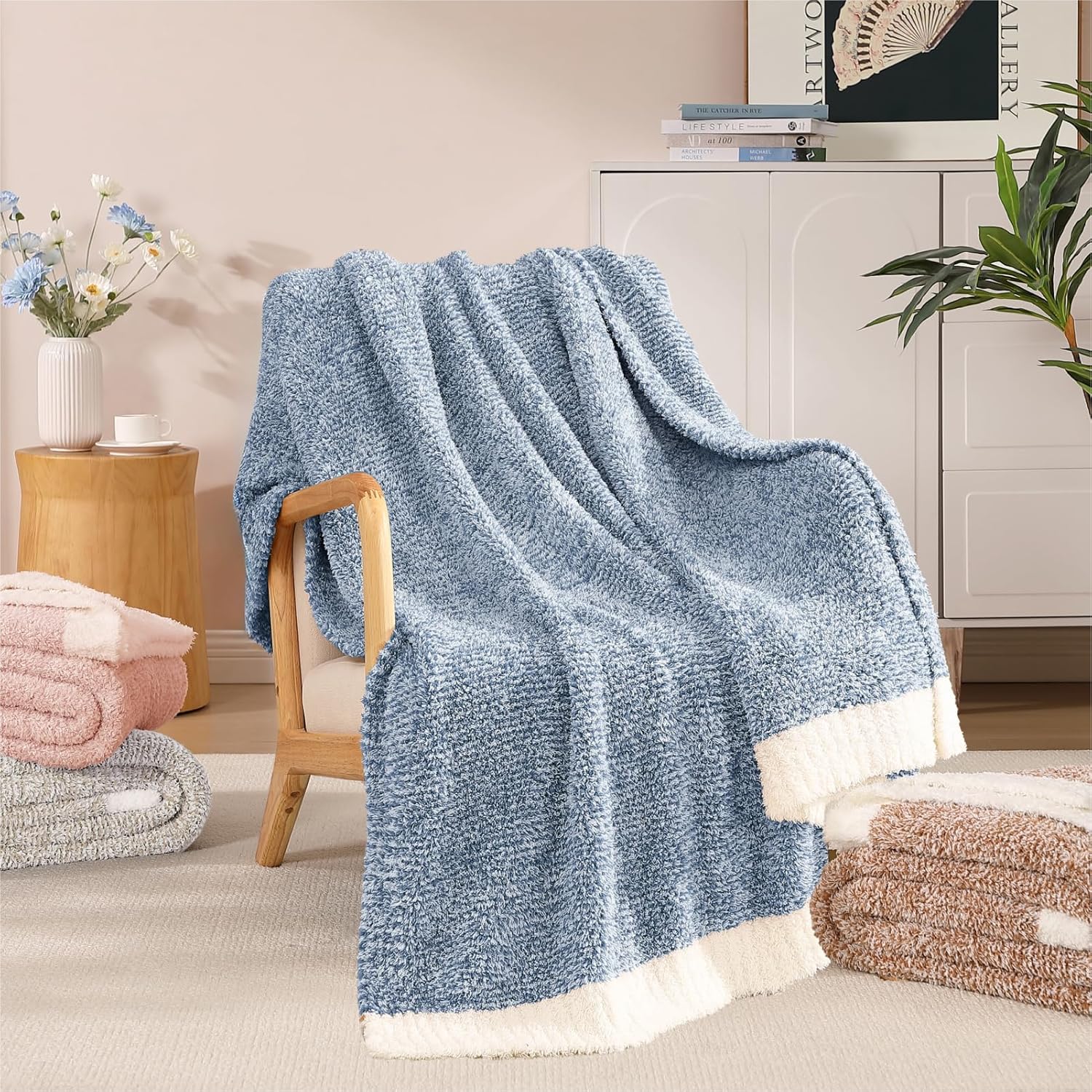 WRENSONGE Throw Blanket Cationic Dyeing Blue Soft Cozy Fluffy Warm Hand Made Throw Blankets for