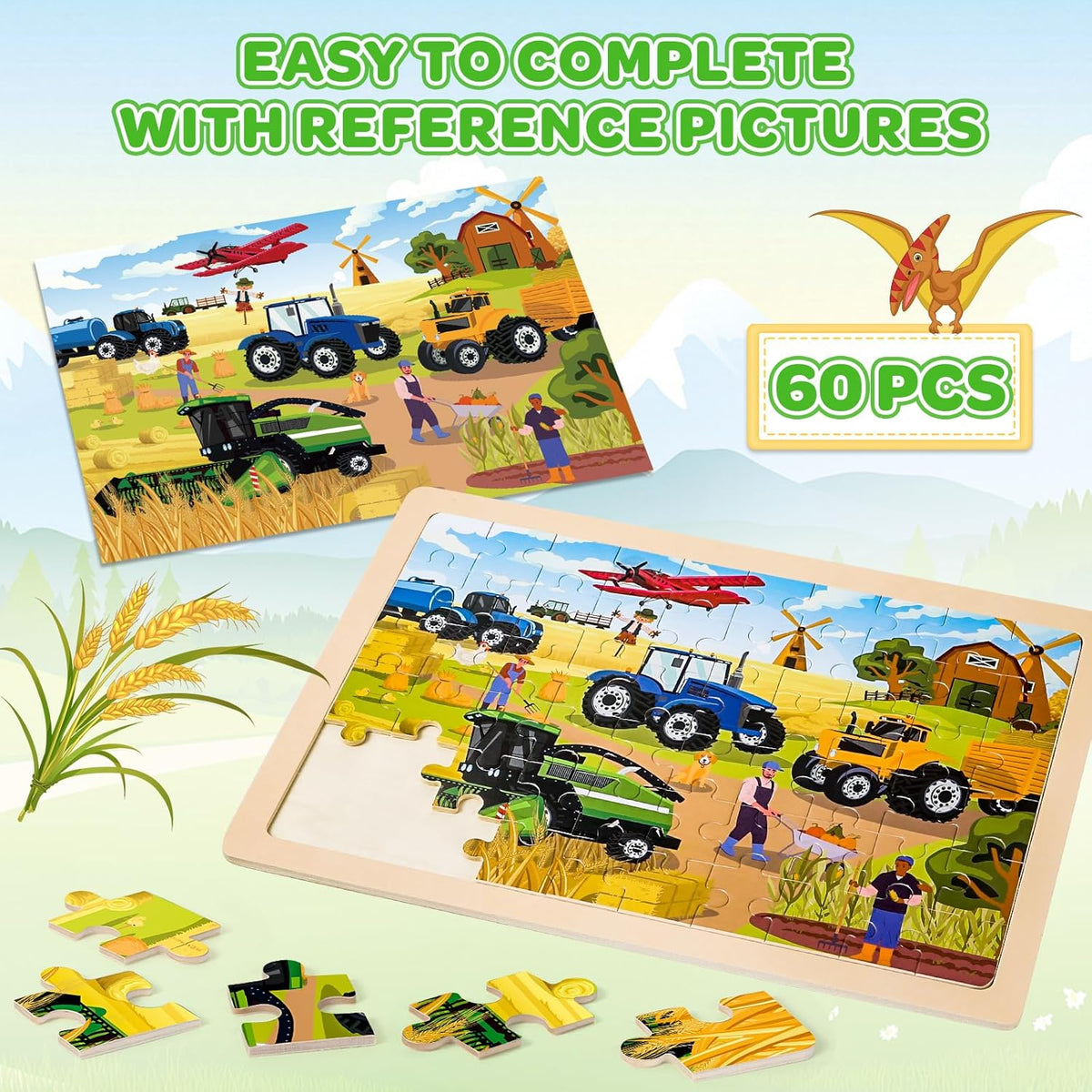 Wooden Puzzles for Kids Age 3 4 5 Year Old, 6 Pack 60 Pcs Toddler Jigsaw Puzzles for Girl Boy