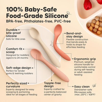KeaBabies Silicone Baby Spoons, Self Feeding 6-12 months - 3-Pack Baby Weaning Eating Utensils